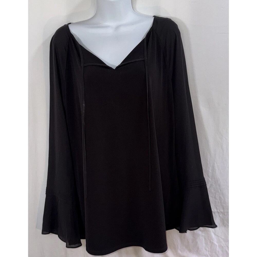 Tahari Black Flutter Sleeve V Neck Tunic Top Classic Chiffon Office Evening Sz L - Picture 3 of 11
